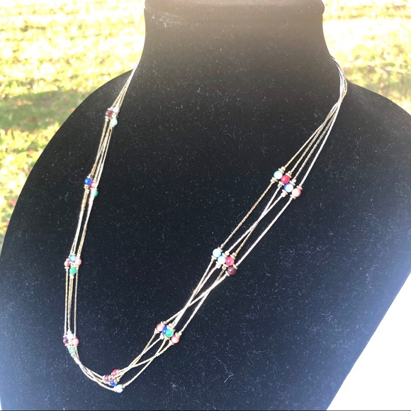 🌻 4 strand gold necklace with multicolor beads, marked - Picture 1 of 5